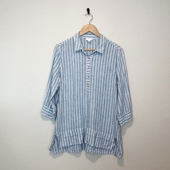 J Jill Love Linen Striped Popover Tunic Top 3/4 Sleeve Size Medium - Picture 1 of 7
